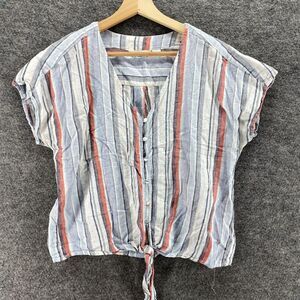 Marrahesh Shirt Women S Small Blue Striped Button Up Linen V-Neck Short Sleeve